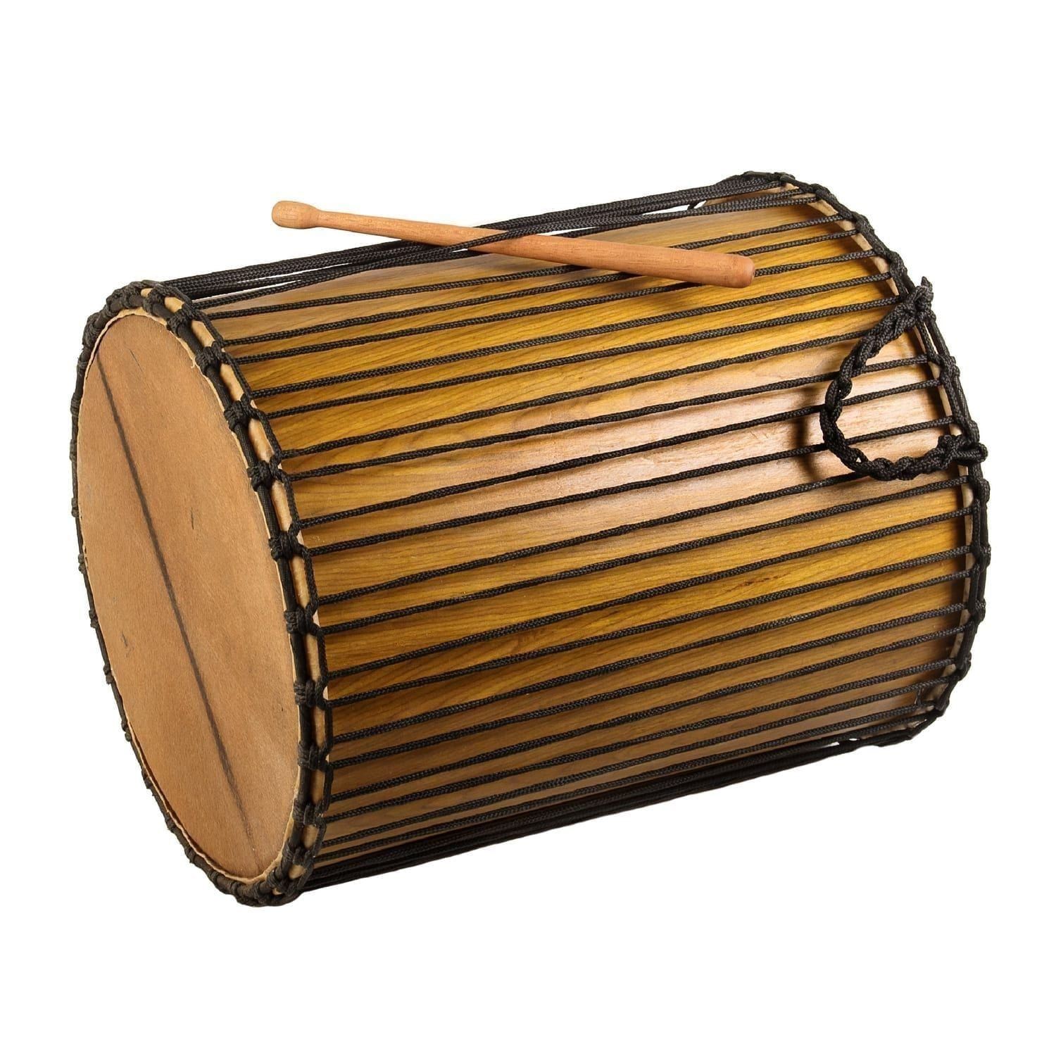 This is a product image of Drums for Schools' Dundun Recycled wood, 18in diameter, 60cm high, side angle shot.