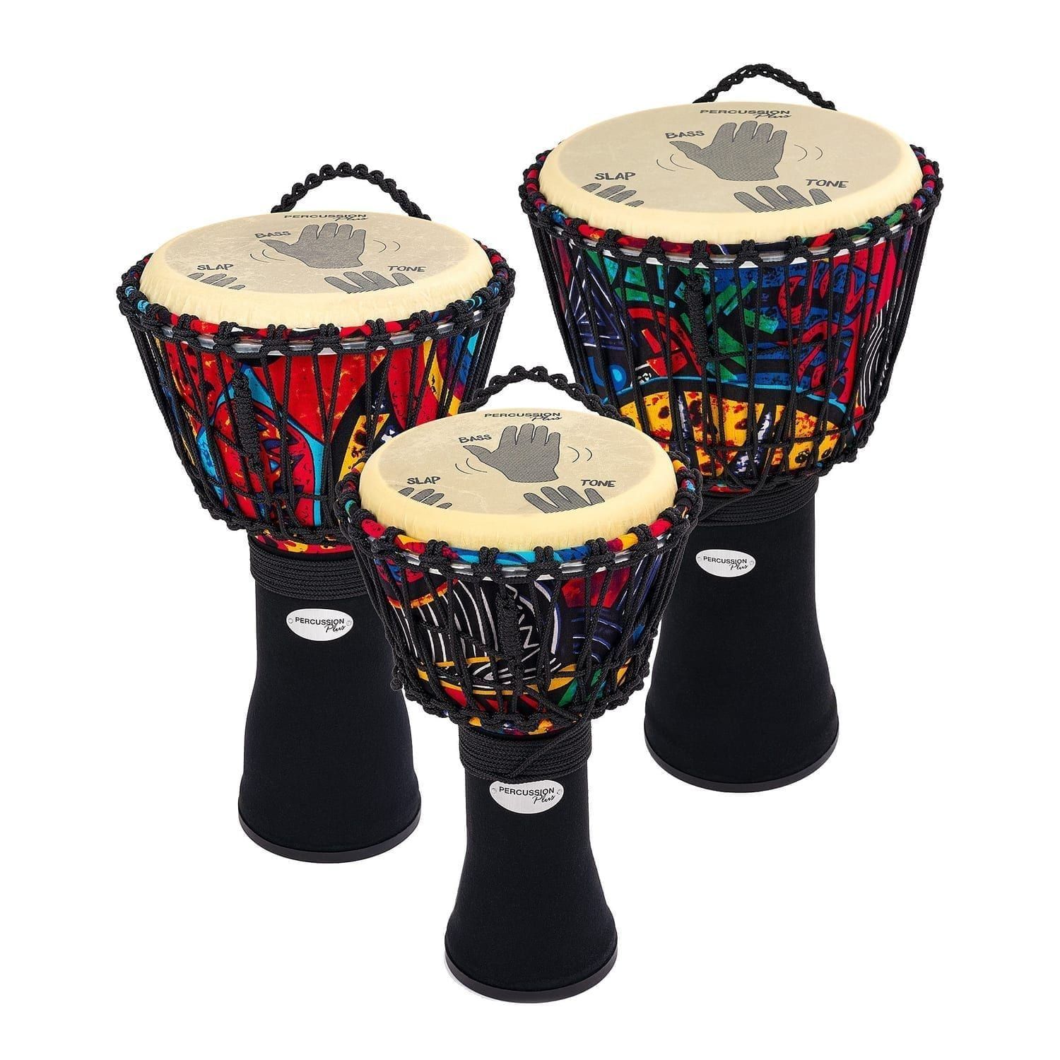 Set of 3 Percussion Plus Slap Djembes with Rope-Tuned Drumheads and Vibrant Patterns, Ideal for West African Drumming and Beginners