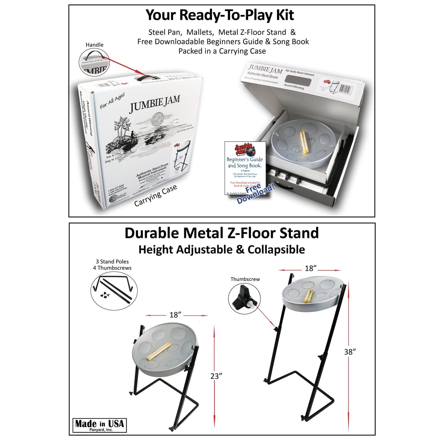 Jumbie Jam steel pan – floor-standing grey model with Z stand kit, perfect for beginner musicians and classroom use.