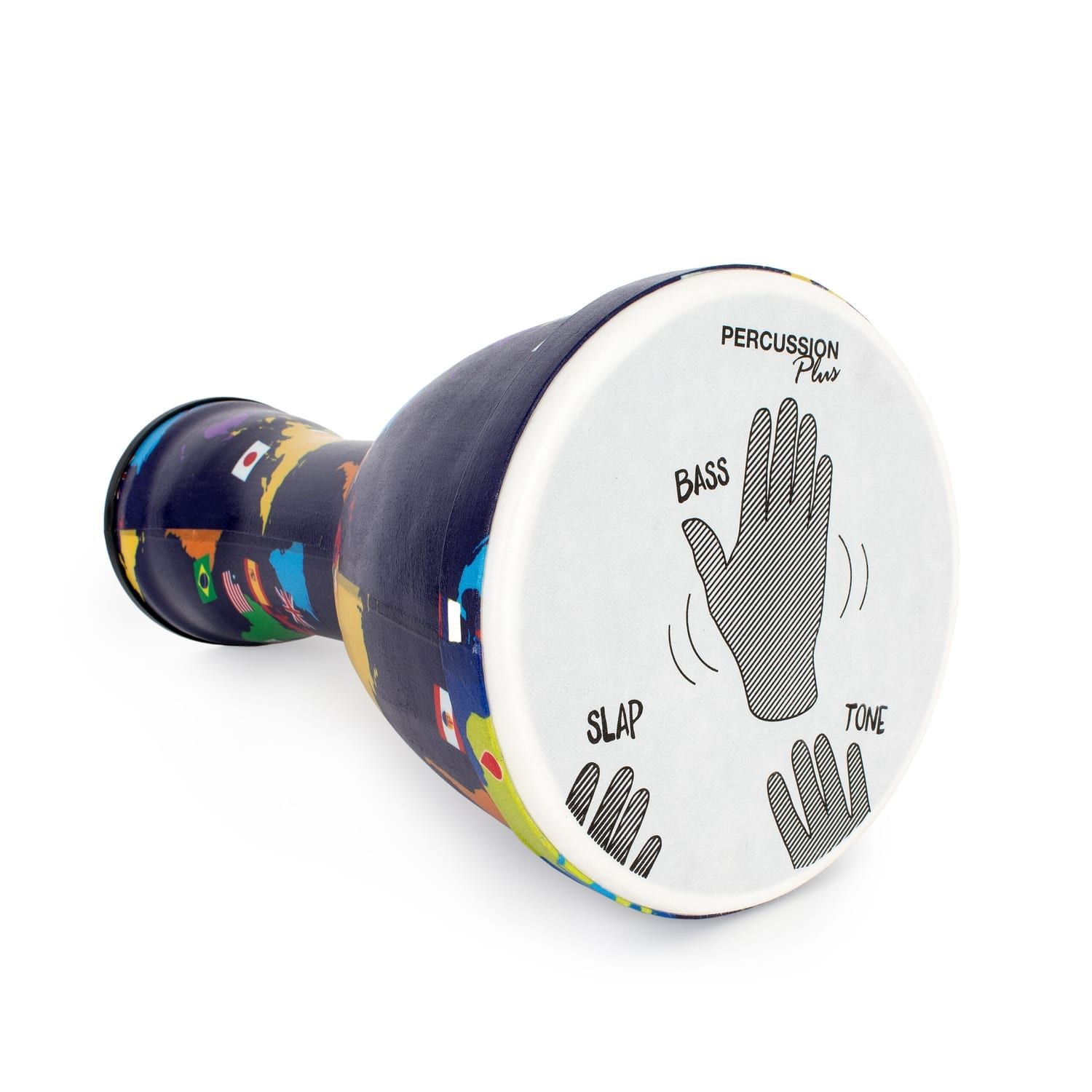 Djembe Drum 8 inch World Slap Synthetic Pre-tuned. This drum features a vibrant world map design and a guide for playing bass, tone, and slap sounds.
