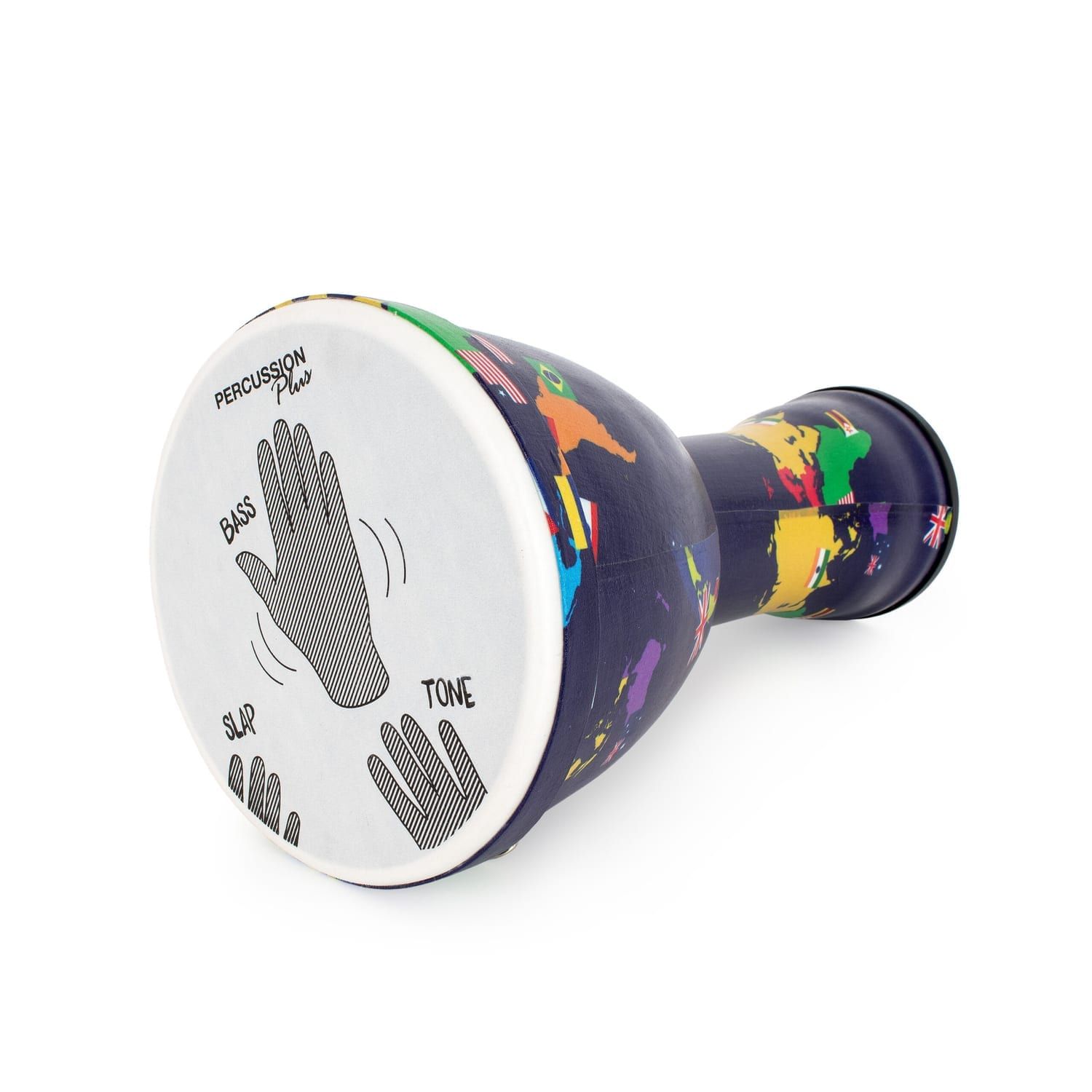 Side view of the World Slap Djembe drum, 8-inch diameter and 42cm high, featuring a colorful world map design with country flags. The synthetic drumhead is pre-tuned and displays hand positioning instructions for Bass, Slap, and Tone, ideal for beginner percussionists. Perfect for educational settings and music classes.