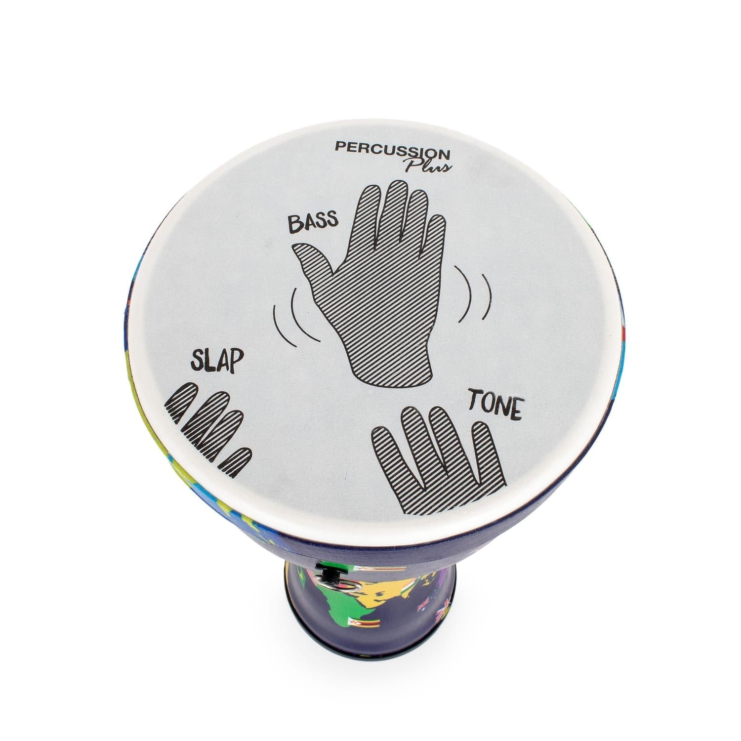 Top view of a Djembe drum with 8-inch diameter and 42cm height, featuring visual cues for hand positioning (Bass, Slap, Tone) on the synthetic drumhead. The drum is pre-tuned with a colorful, world-inspired design, ideal for percussion enthusiasts and musicians.