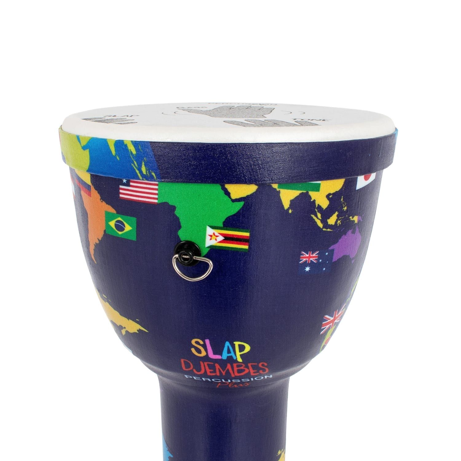 8-inch diameter pre-tuned synthetic World Slap Djembe, showing the drumhead with hand-slapping guide and the tuning key.