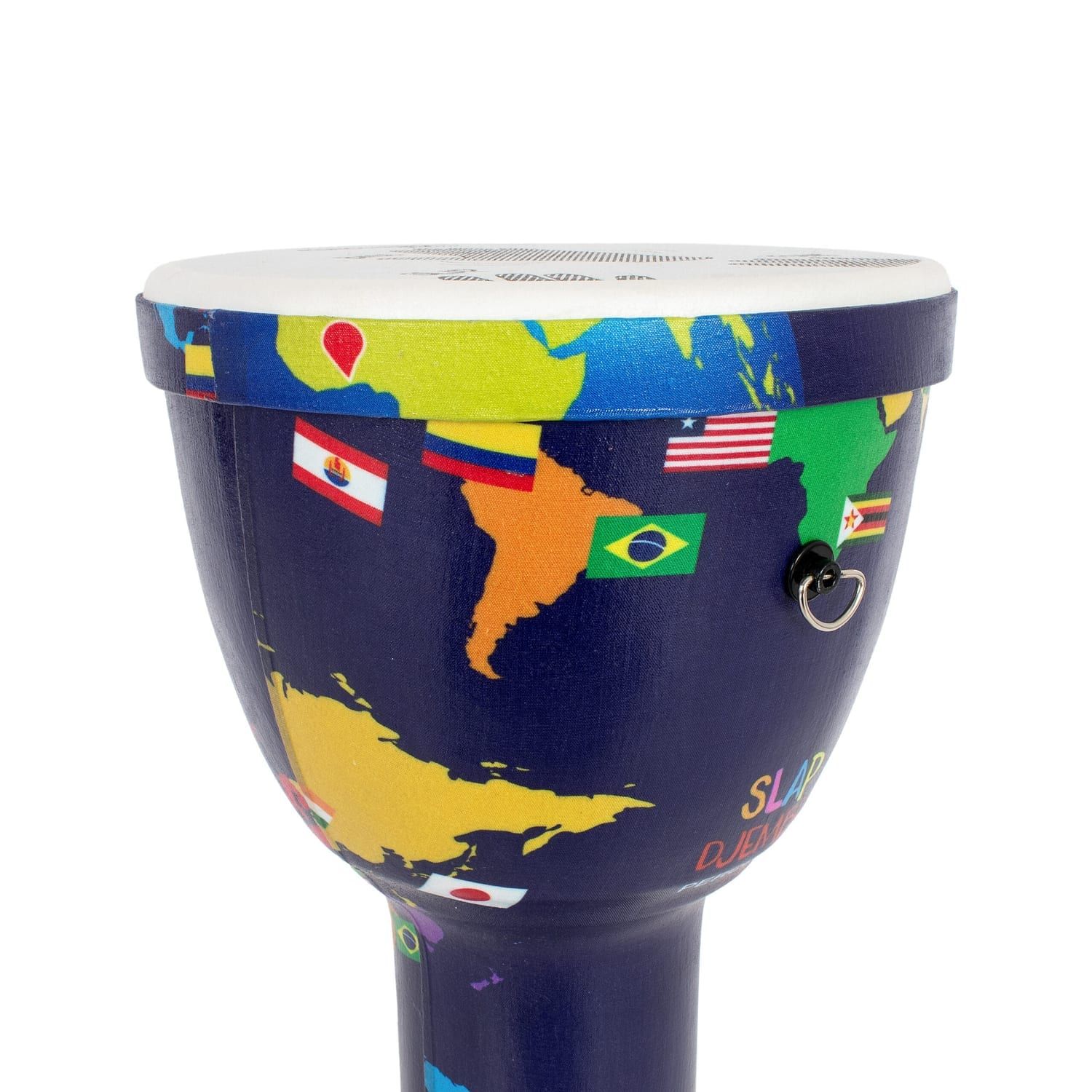 Top view of an 8-inch World Slap Djembe drum. The drumhead is white synthetic and features a colorful world map design with country flags. Tuning lugs are visible around the edge.