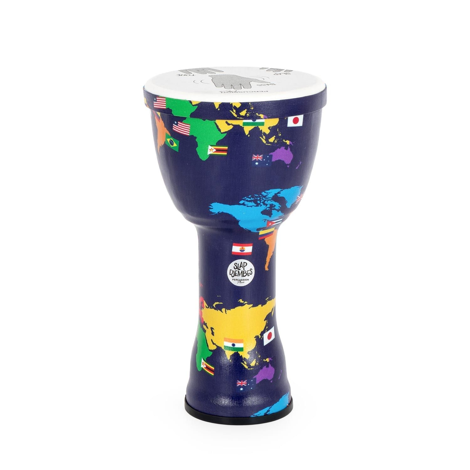 Explore the world of rhythm with this 10-inch pre-tuned Djembe, featuring a vibrant world map design and easy-to-learn hand positions.