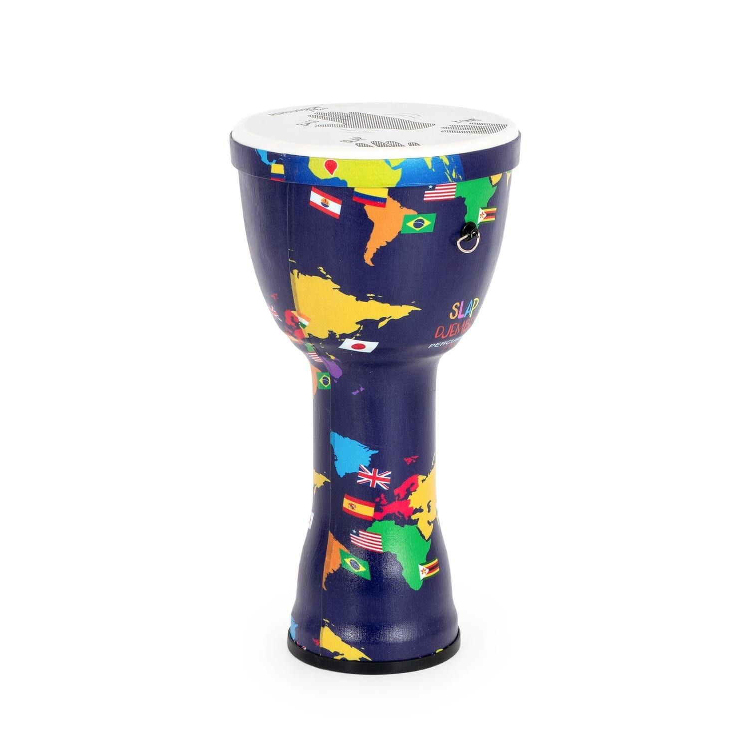 Side view of a 10-inch diameter, 50cm high pre-tuned Djembe drum, featuring a synthetic body with a vibrant world map and flags design, branded with 'Slap Djembes Percussion' logo.