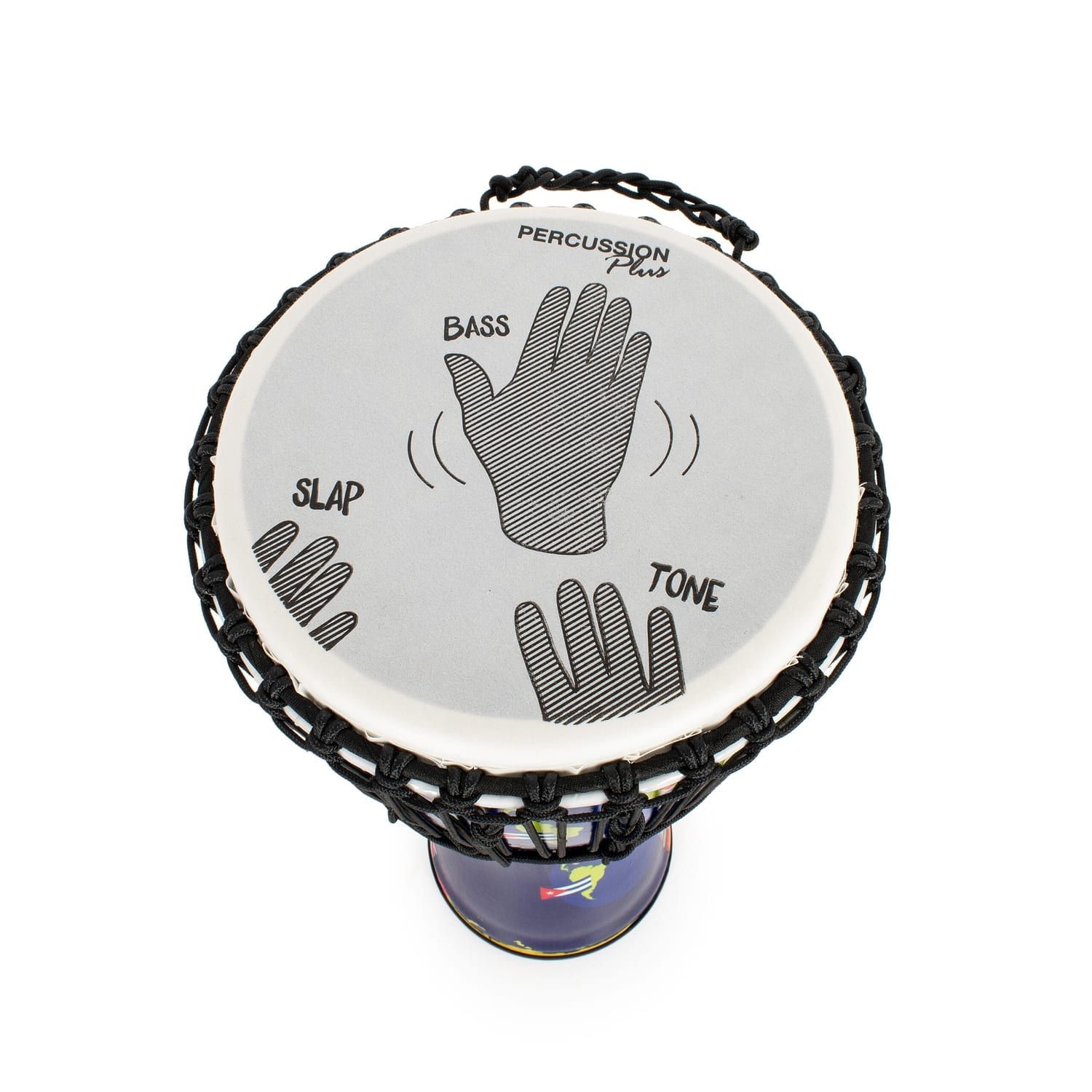 Top view of synthetic 10-inch Djembe drum with instructional graphic showing Bass, Slap, and Tone hand techniques, 50cm high, rope-tuned with Percussion Plus branding.