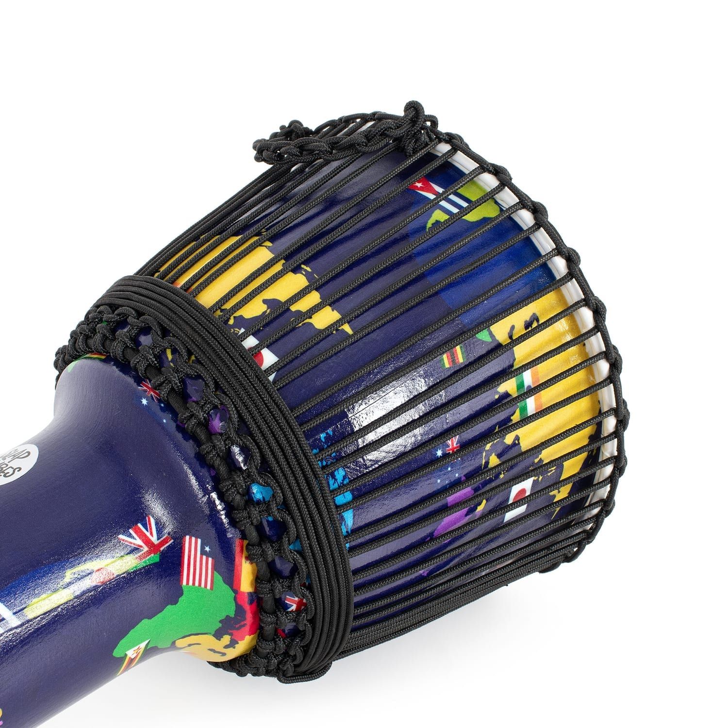 Close-up of rope tuning and world map design on synthetic 12-inch Djembe drum, with Slap Percussion branding and colorful flag patterns, 60cm high.