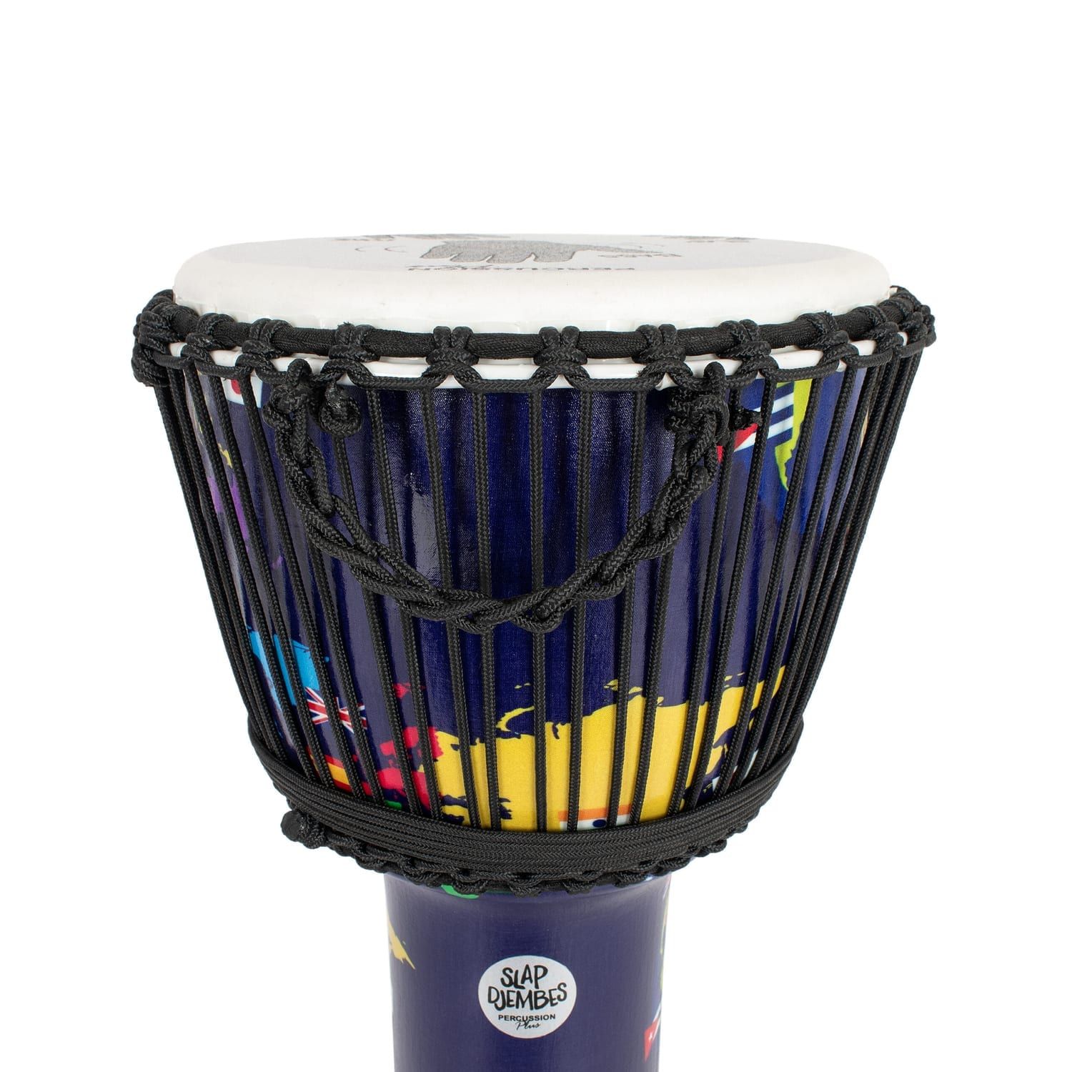 Top view of synthetic 12-inch Djembe drum with rope tuning, Slap Djembes branding, and vibrant world map design, 60cm high.