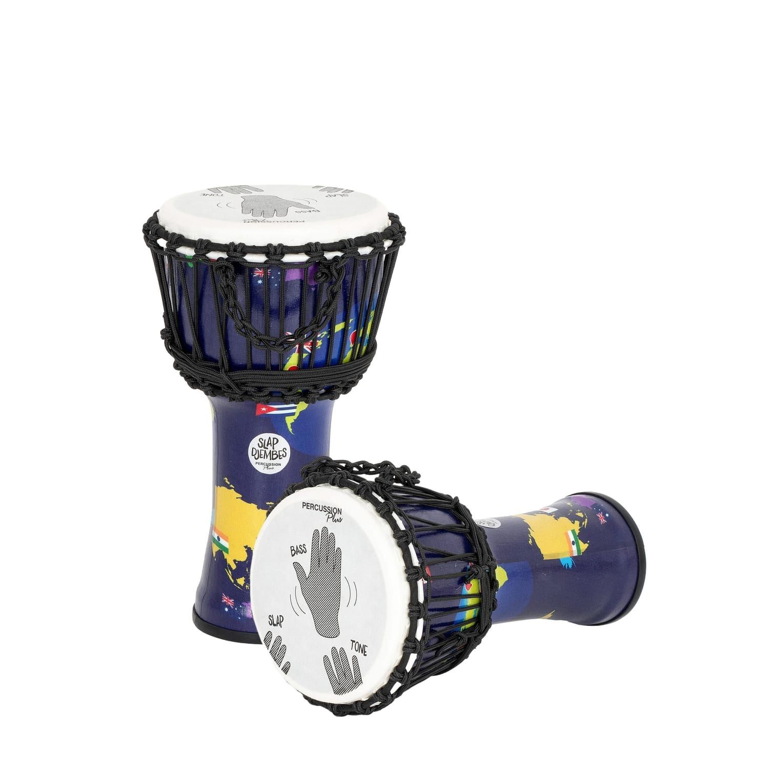 Two 8-inch rope-tuned Djembe drums with world map design, showing hand placement guide on drumheads.